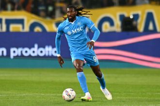 PARMA, ITALY - MAY 18: Frank Anguissa of Napoli during the Serie A match between Parma and Napoli at Stadio Ennio Tardini on May 18, 2025 in Parma, Italy. (Photo by Alessandro Sabattini/Getty Images)